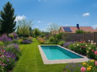 Grundstück mit Pool und Blumenrabatten KI